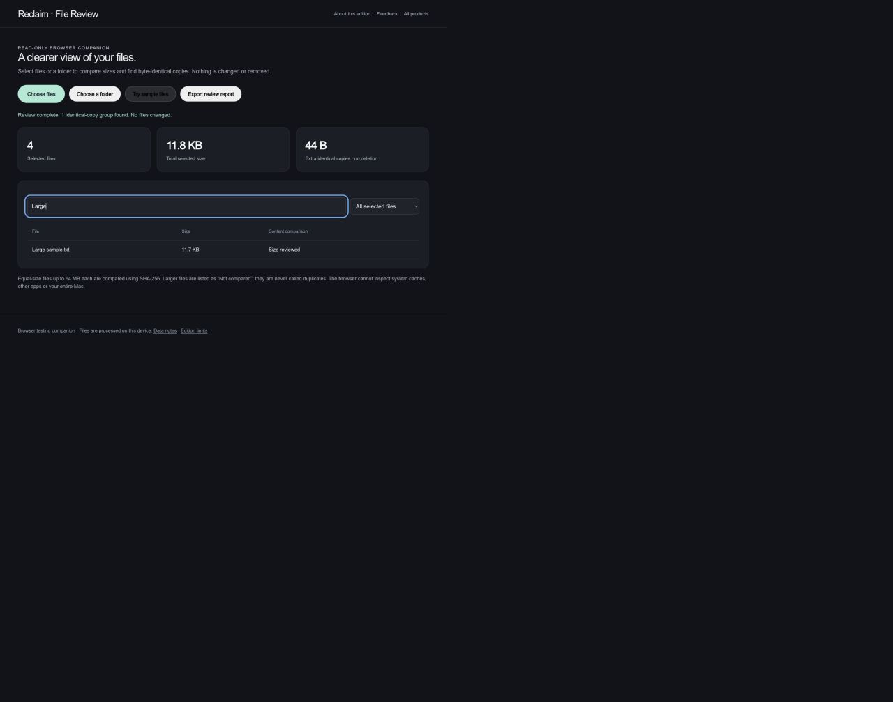 Reclaim: Narrow the review. Search the selected files to focus on a smaller set.